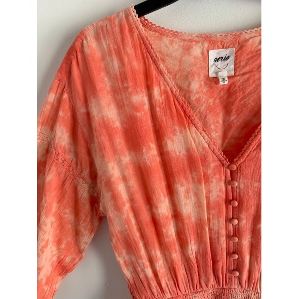 Boho Tie Dye Aerie Smocked Ruffle Mini Dress Womens Medium Coral - Picture 4 of 10
